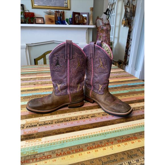 Laredo Cowboy Boots Women 6.5M Brown Leather Western Embroidery Purple Boho - Picture 1 of 12